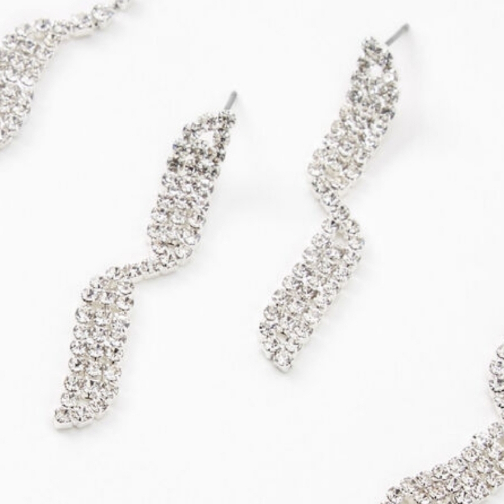 2/$10 Silver Rhinestone Waves Earrings
